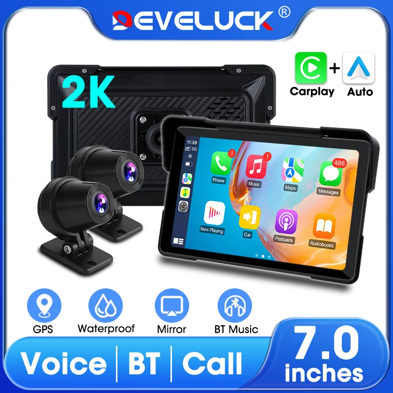 

2K мотоциклетный видеорегистратор с 7-дюймовым экраном Moto Diaplay, GPS-навигация, беспроводной CarPlay, Android Auto, портативный IPX7, водонепроницаемый фюзеляж