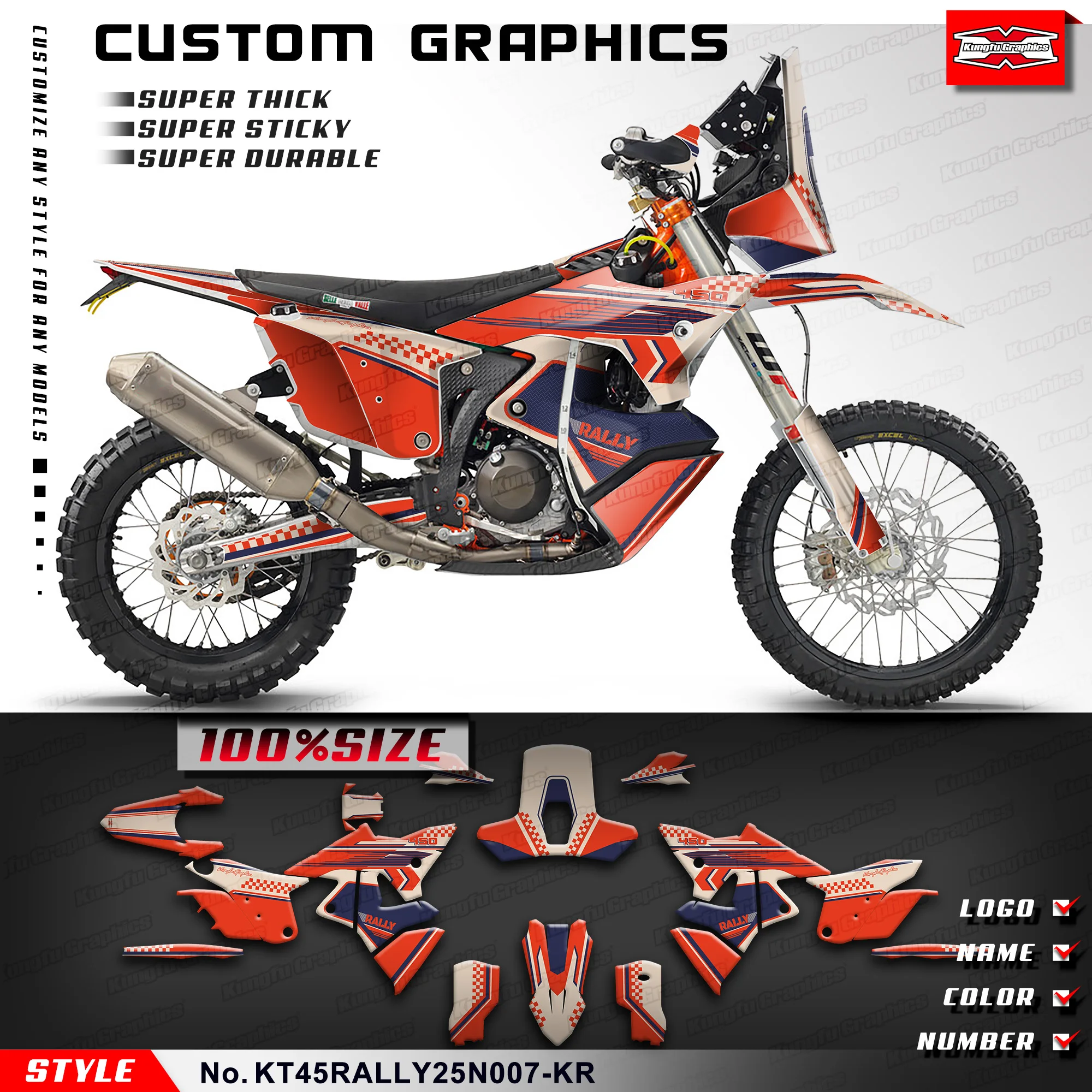 

KUNGFU GRAPHICS Custom Stickers Set Laminated Decals for 2025 KTM & Husqvarna 450 RALLY, Rebuilding, KT45RALLY25N007-KR