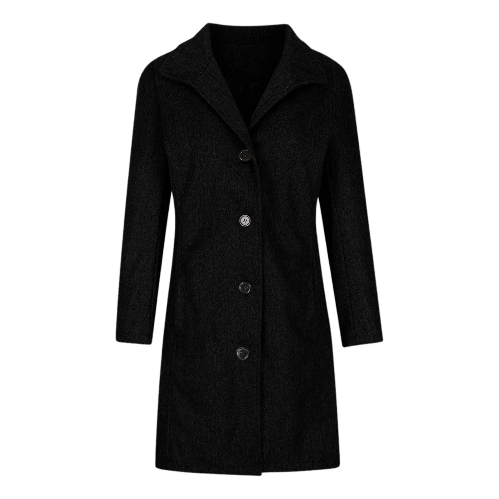 Elegant Women Woolen Coat Autumn Winter Fashion Long Sleeve Lapel Singel Breasted Mid-Length Trench Coats Black Outwears Jackets