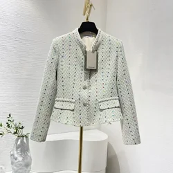 Light Green Sequined Pearl Office Lady Autumn Winter 2024 Fashion Female Long Sleeve Tweed Jacket and Midi Skirt Set