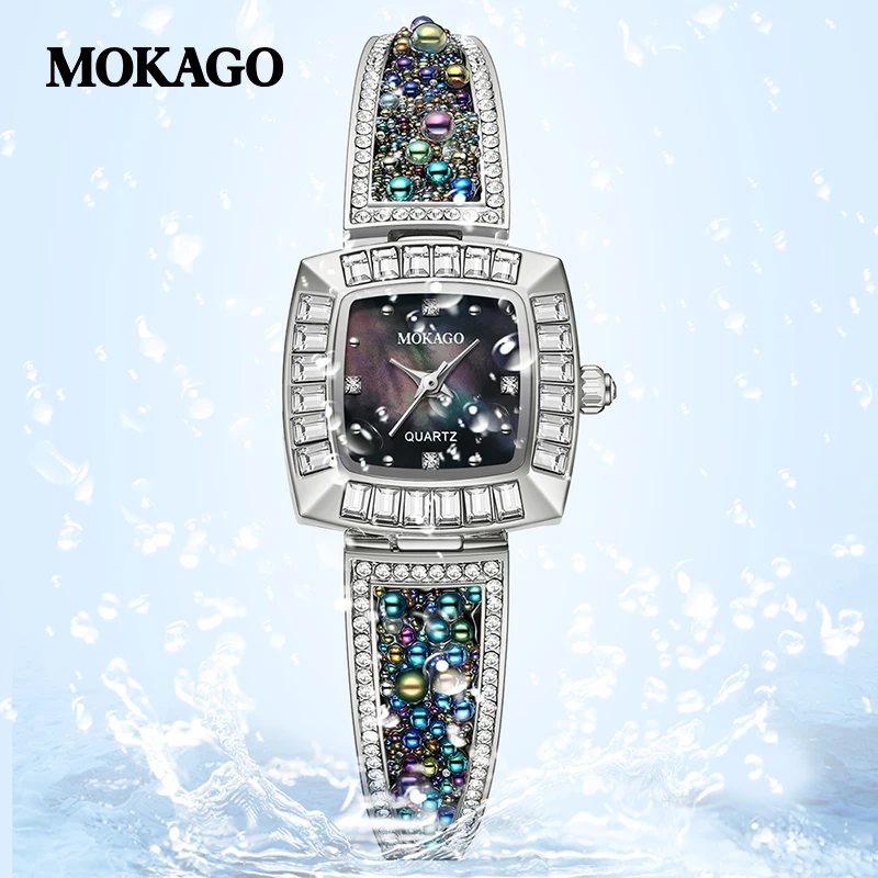 Women's Rhinestone Metal Bracelet Watch Ladies Copper Wrist Watch Analogue Quartz Watch Classic Pearl Shell Surface Timepieces