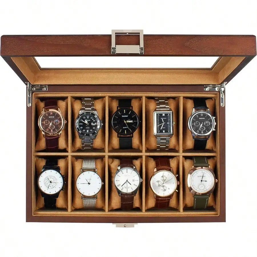 New Watch Box 10 Slot Watch Case With Real Glass Lid Wood Watch Display Case With Cloth Watch Pillow Watch Storage Box For Men And Women Brown view 2