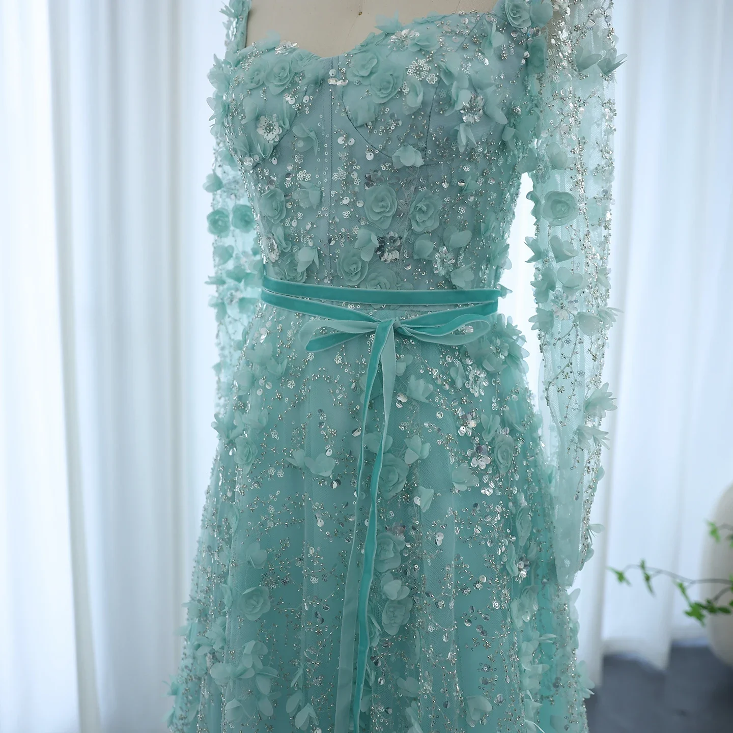 شارون سعيد رمادي فاخر ثلاثية الأبعاد زهرة طويلة الأكمام فساتين السهرة للنساء حفل زفاف العربية ألف خط فساتين رسمية SS353 مخصصة