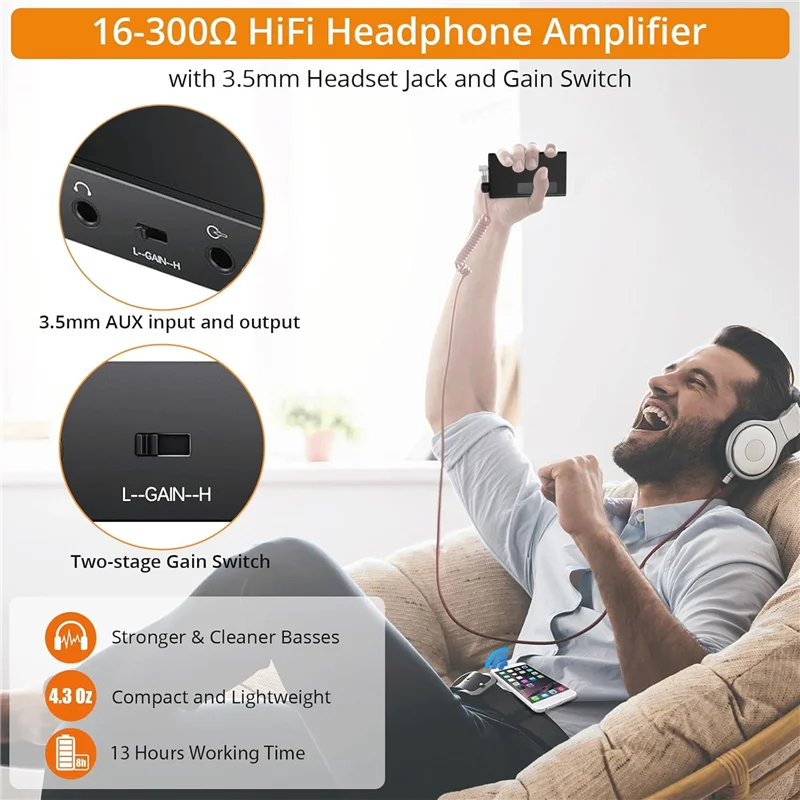 

Приемник ABSY Bluetooth 5,0 и двухступенчатый переключатель усиления, портативный усилитель для наушников 3,5 мм для Hi-Fi наушников 16-300 Ом