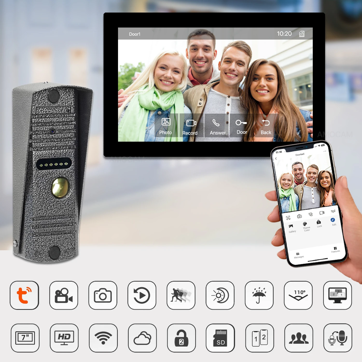 Sistema de vídeo interfone, câmera do telefone campainha, WiFi Touch Monitor, cartão 32G, registro automático, Tuya App, 2 Way Intercom Desbloqueio, 1080P