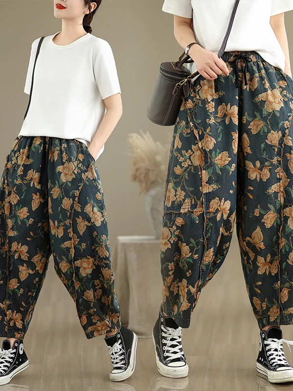 Summer Fashion Thin Jeans Women Good Quality Vintage Floral Print Loose Casual Comfortable Soft Ankle Length Denim Pants Female