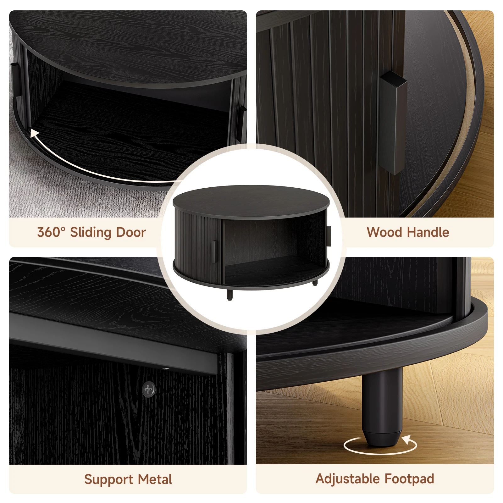 Round Coffee Table with Storage, 31.5 In Drum Coffee Table with 360° Curved Sliding Door, ModernFluted Wood Accent Coffee Tablee