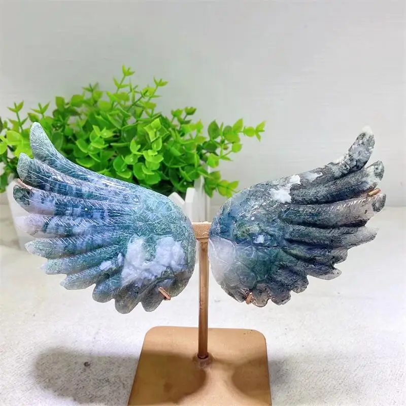 

1 Pair Natural Moss Stone Anngel Wings Carving Hand Polished Reiki Healing Gift Room Home Decoration Gift