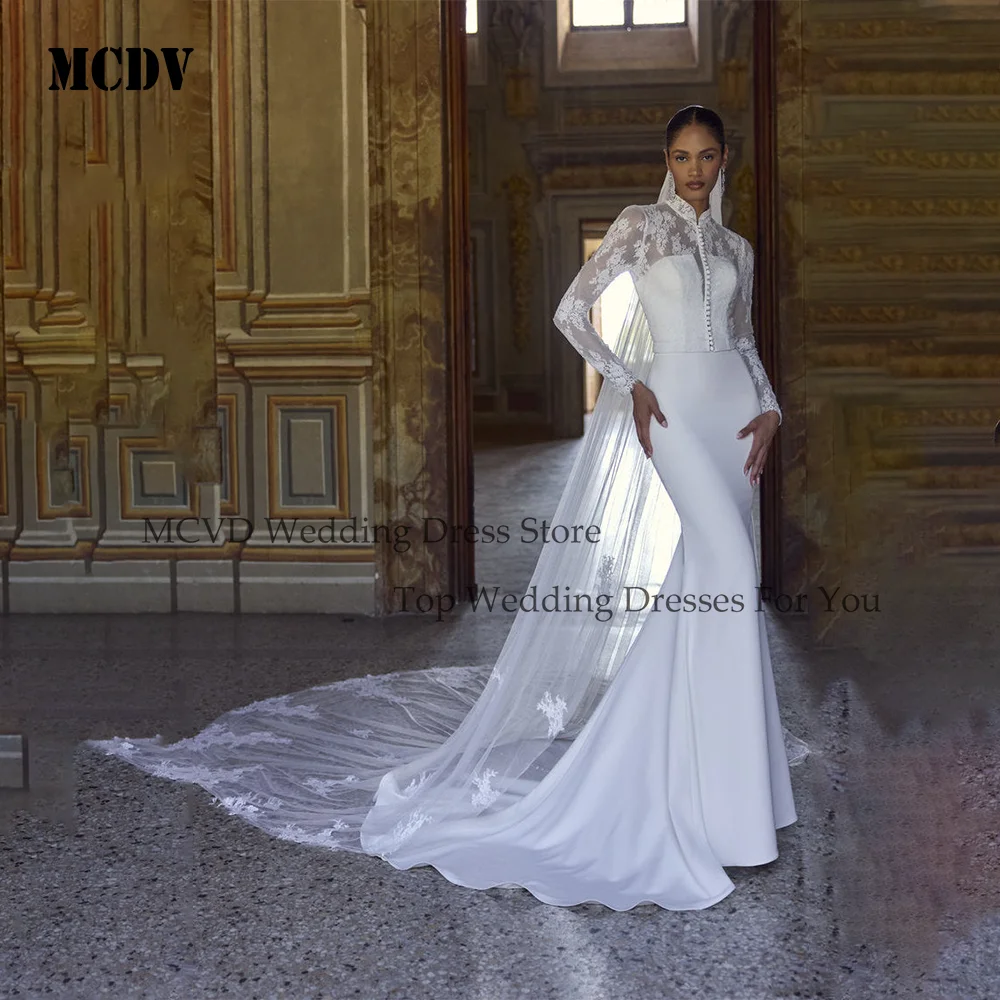 

MCDV Modest Mermaid Wedding Dresses Bridal Satin Button Back Bride Party Gowns Detachable Train vestido de novias Customized