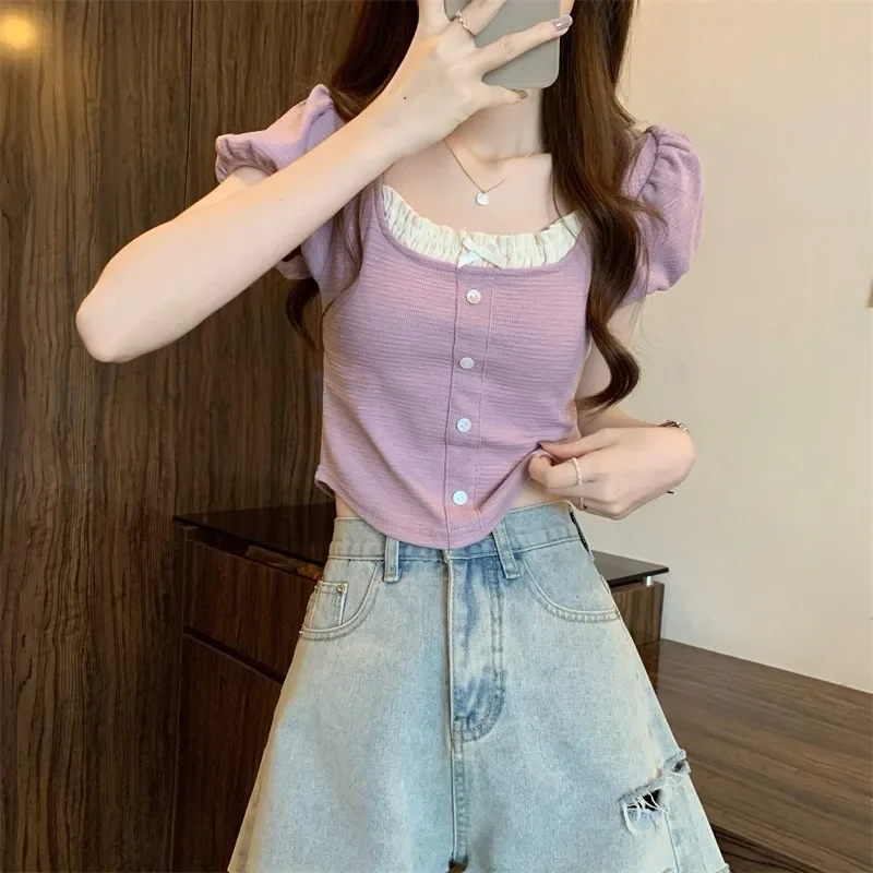 

2024 New Korean Style Splicing Lace T-shirts Women Square Collar Puff Sleeve Solid Color Tops Office Lady Versatile Tees Female