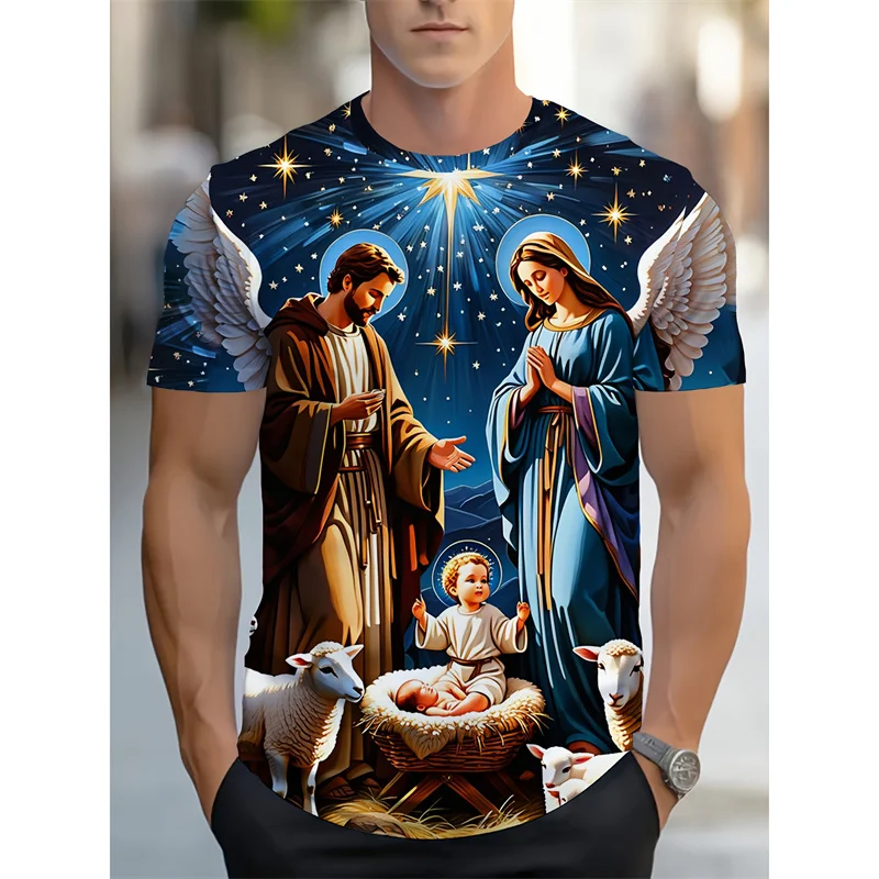

Футболка с узором Иисуса Христа для мужчин, футболки с 3D принтом «Святая мама и сын», летние свободные футболки с короткими рукавами, топы с круглым вырезом, уличная одежда