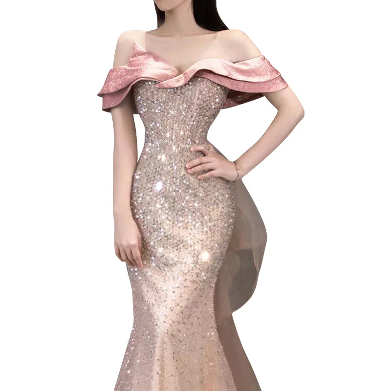 Off the Shoulder Shiny Sequined Long Formal Gown Custom Made Mermaid Pink Long Evening Dresses