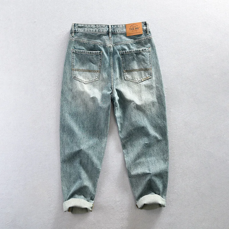 Classic Fashion Mens Blue Denim Pant High Street Causal Vintage Washed Baggy Jeans Cotton Mid-waist Straight Jeans Youth Trouser