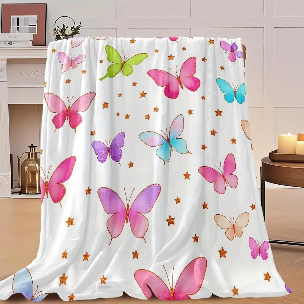

1pc Butterfly and star print blanket, polyester fabric, machine washable, suitable for bedroom and living room décor.