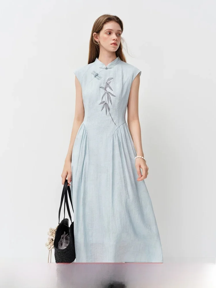 

Slimming Embroidered New Chinese Design Dress High Waist A-Line Summer New Arrival Short Sleeve Button up Women's Fashion