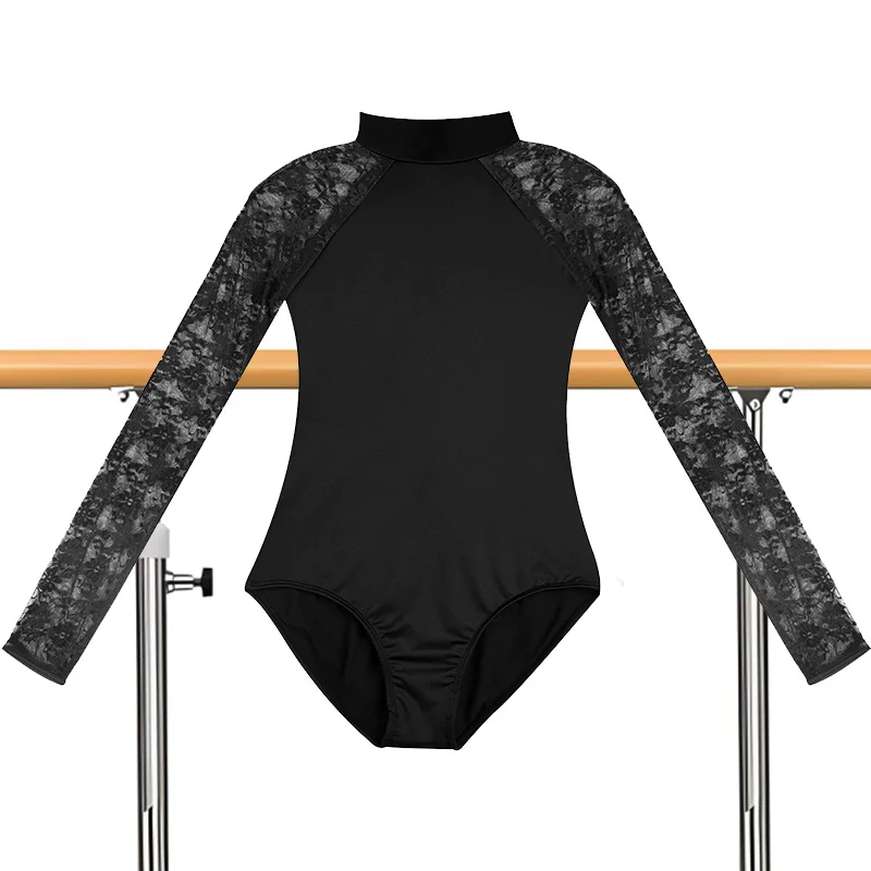 여성 터틀넥 레이스 긴 소매 발레 댄스 레오타드 성인 및 어린이용 체조 탑 물방울 모양의 등이 빈 바디수트