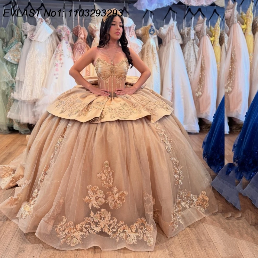 

EVLAST блестящее бальное платье цвета шампанского по индивидуальному заказу, платье Quinceanera с цветочной аппликацией и бантом из бисера, милое платье 16, Vestidos De 15 Anos E1QN383