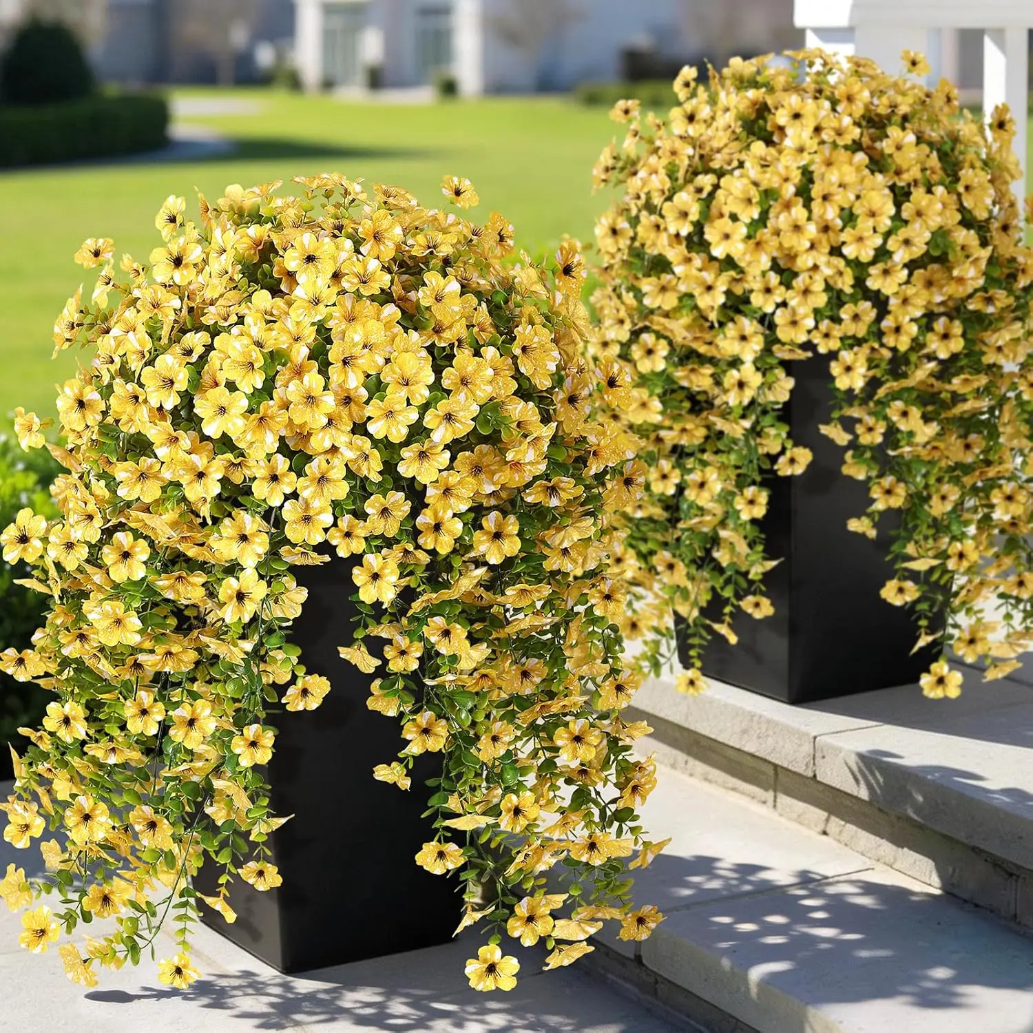 

8 PCS Artificial Morning Glory & Euc for Outside, Realistic Sun Resistant Fake Silk Hang Flower Faux Euc Leave for P