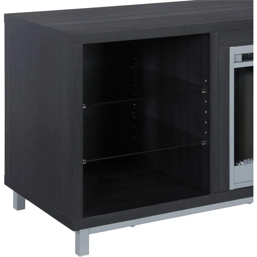 Lareira Black Oak Stand com 6 prateleiras abertas, suporte de TV moderno, componentes de áudio, filmes, Blu-Rays, até 70"