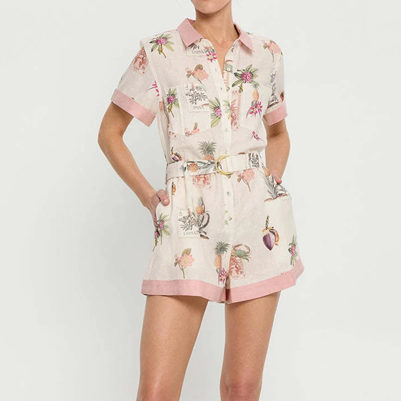 

Summer Tropical Plant Print Shorts Jumpsuits Casual Loose Short Sleeve With Belt Pocket Playsuit Fashion Single Breasted Rompers