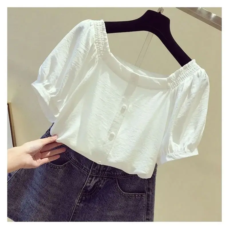 Pullovers New Women\'s Summer Solid Color Slash Neck Button Spliced Elegant Loose Casual Chiffon Shirt with Bubble Sleeves Top