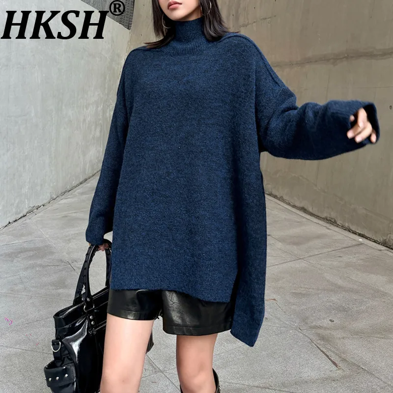 

HKSH Autumn Winter New Women Sweater Turtleneck Long Sleeves Solid Color Irregular Hem Korean Casual Elegant Knitted Top HK16490