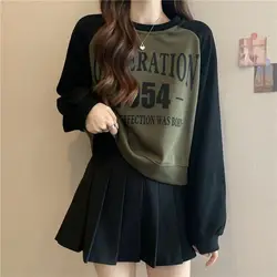 New Women's Clothing Spring Autumn Lantern Long Sleeve Letter Printing Round Neck Contrast Color Pullover Casual Hoodies Tops