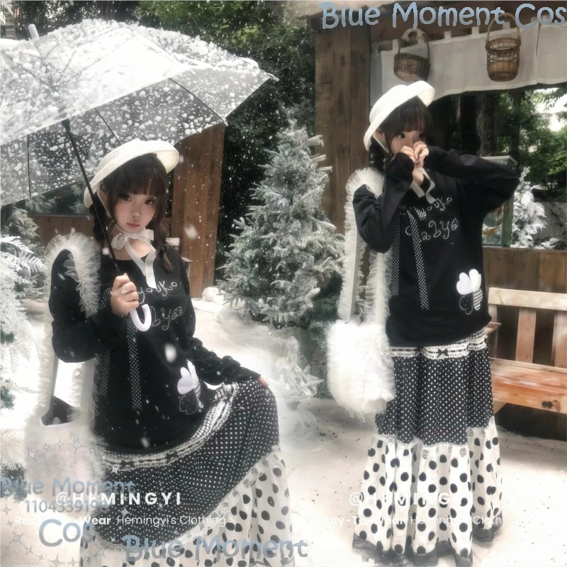 Jirai Kei Girls Clothes Winter Cosplay Black Top Shirt White Dress Skirt Y2K Suit Full Set Girl Woman Halloween Festival Event