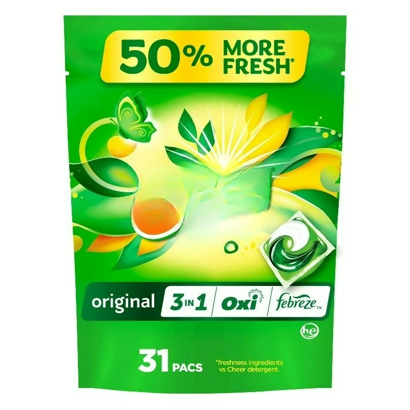 Detergente para Ropa Flings en Pastillas, 3 en 1 con Oxi Boost y Febreze, Aroma Original, 31 Unidades