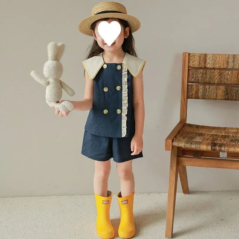 2pc Girls Clothing Set Summer Korean Style Square Collar Sleeveless Vest Tops and Short Pants Set with Pant Children Clothes