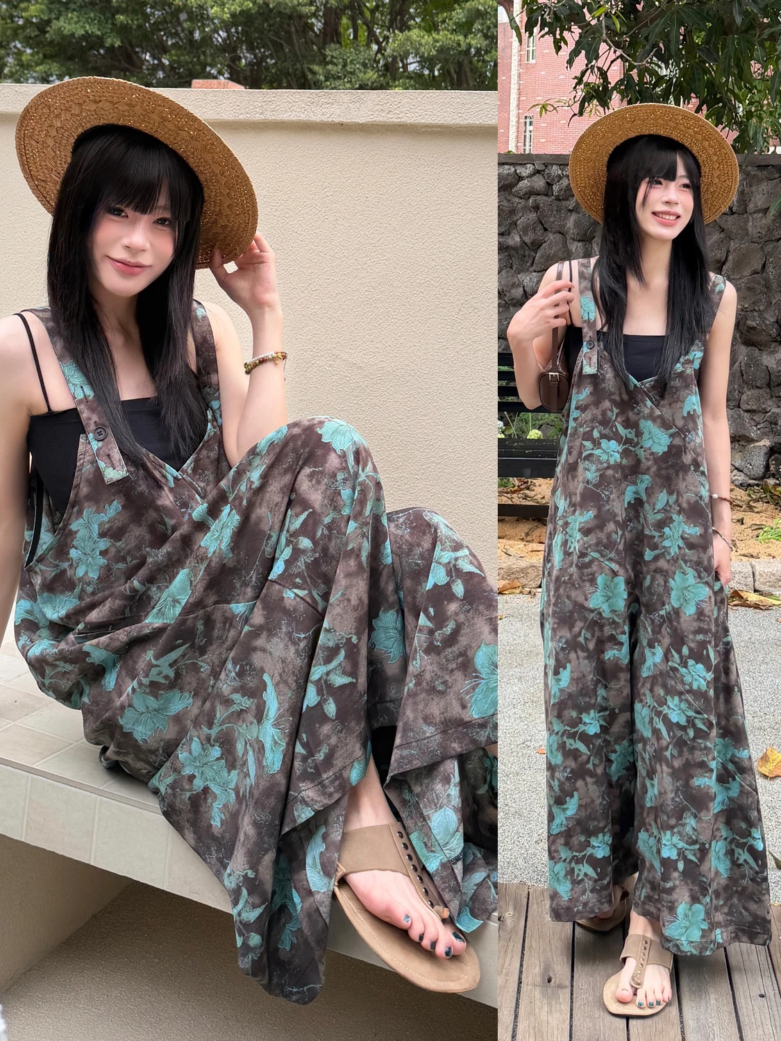 

Original MZ Loose Casual Artistic Women's Jumpsuit with Strap Summer Vintage Ombre Blue Green Floral Print Wide Leg Pants