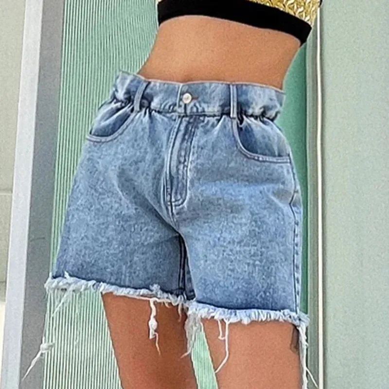 BPN Minimalist Patchwork Rawhem Jeans For Women High Waist Spliced Pockets Solid Casual Loose Wide Leg Denim Shorts Female Style