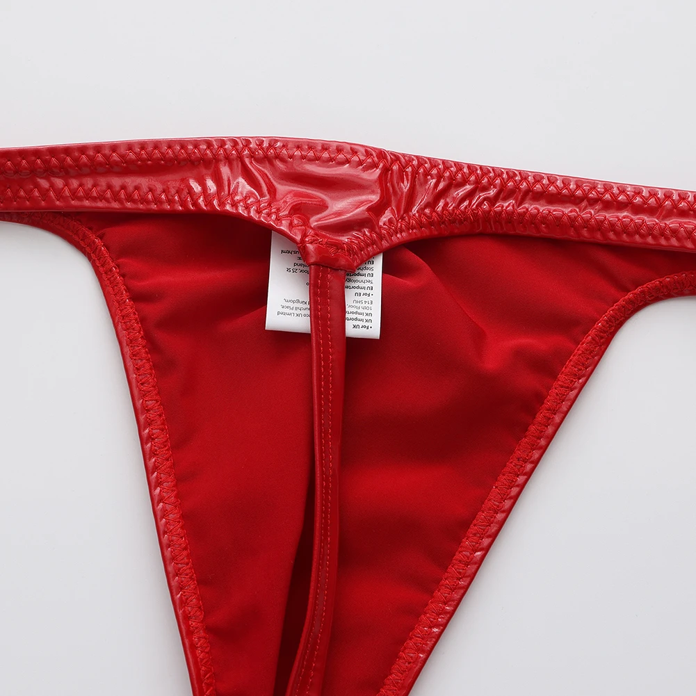 Fashion Red Color Men Faux Leather G-string Briefs Thin-Strap Low Waist Shiny Sexy Sissy Underwear Lingerie