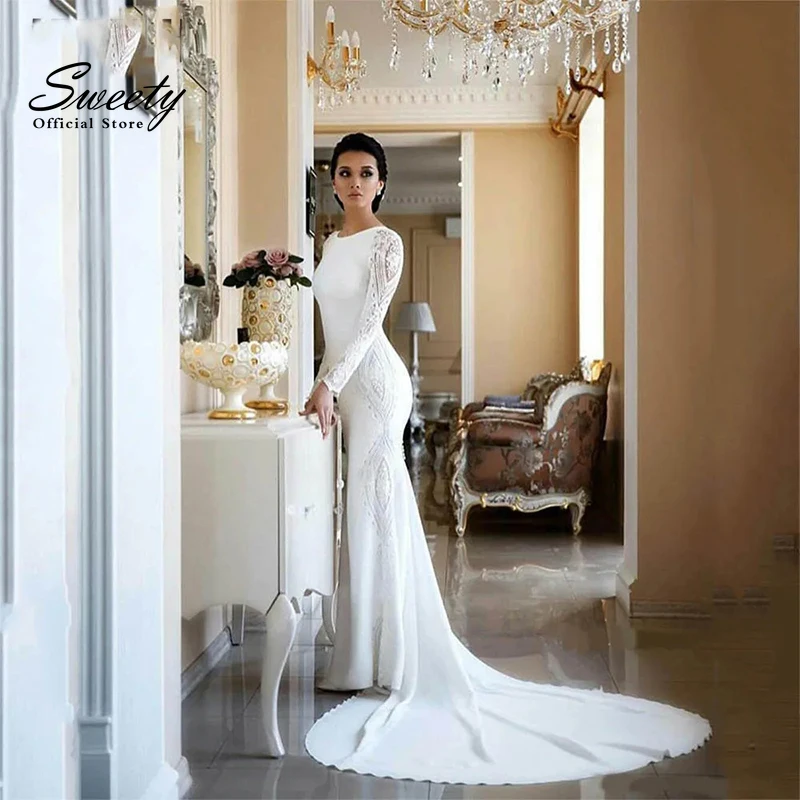 Elegant Wedding Dress Satin With Embroidery Lace Mermaid Train O-Neck Full Sleeve Bride Dress Back Button Vestido De Novia