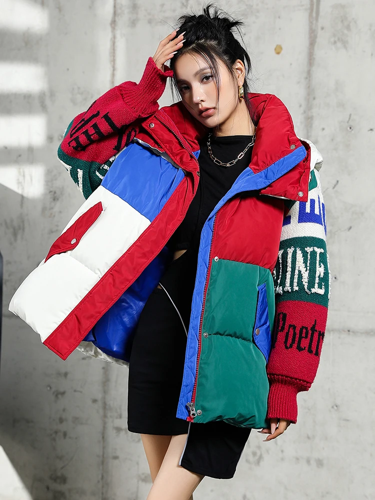 Streetwear Letter Stitching Fashion Down Jacket Women\'s New Hooded Parka Loose Winter Down Coat Female Thick Casual Warm Clothes