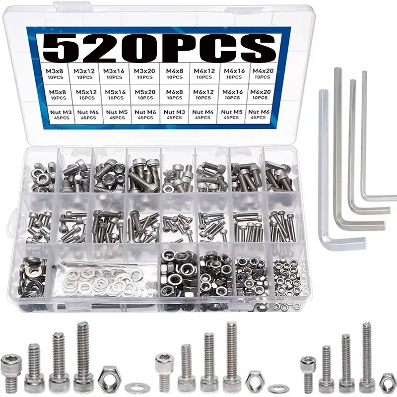 520pcs 304 Stainless Steel Screws M3 M4 M5 M6 Round Screws Hex Socket Button Head Allen Bolt Mechanical Screw Assortment Kit