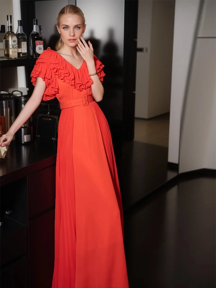 

SEQINYY Elegant Long Dress Summer Spring New Fashion Design Women Runway Flare Sleeve Ruffles Pleated Casual Party Belt