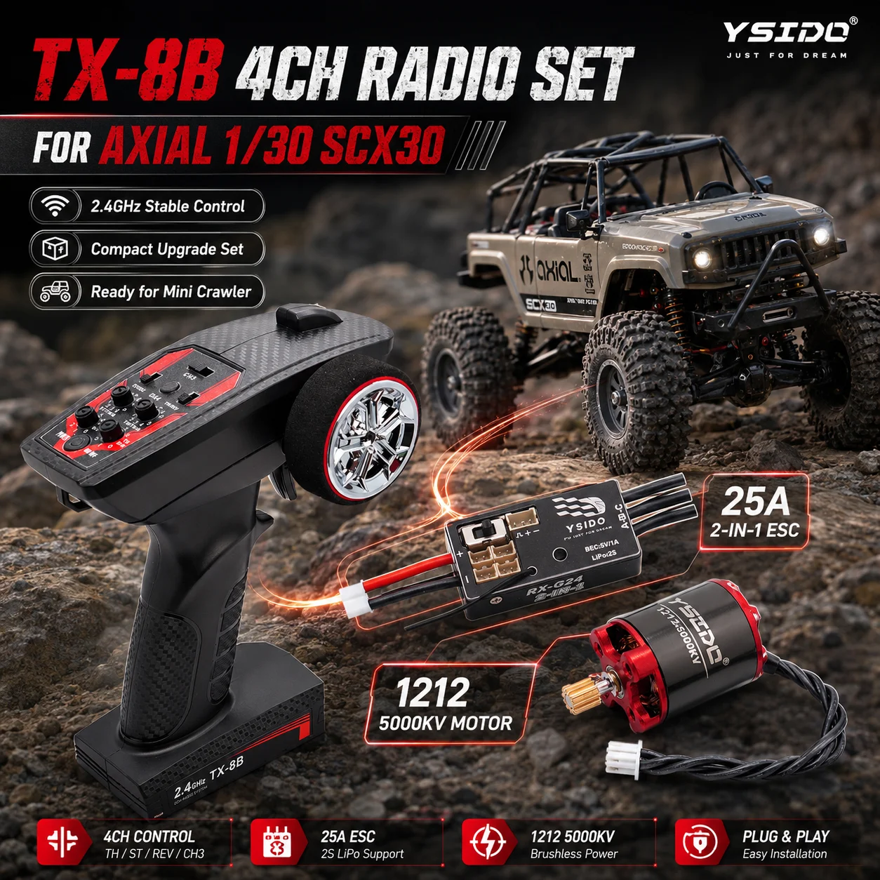 1:30 RC Car Power Upgrade Combo Set 4CH Transmitter RX-G24 25A ESC 2 in1 Set 1212 Brushless Motor for AXIAL 1/30 SCX30 RC Car