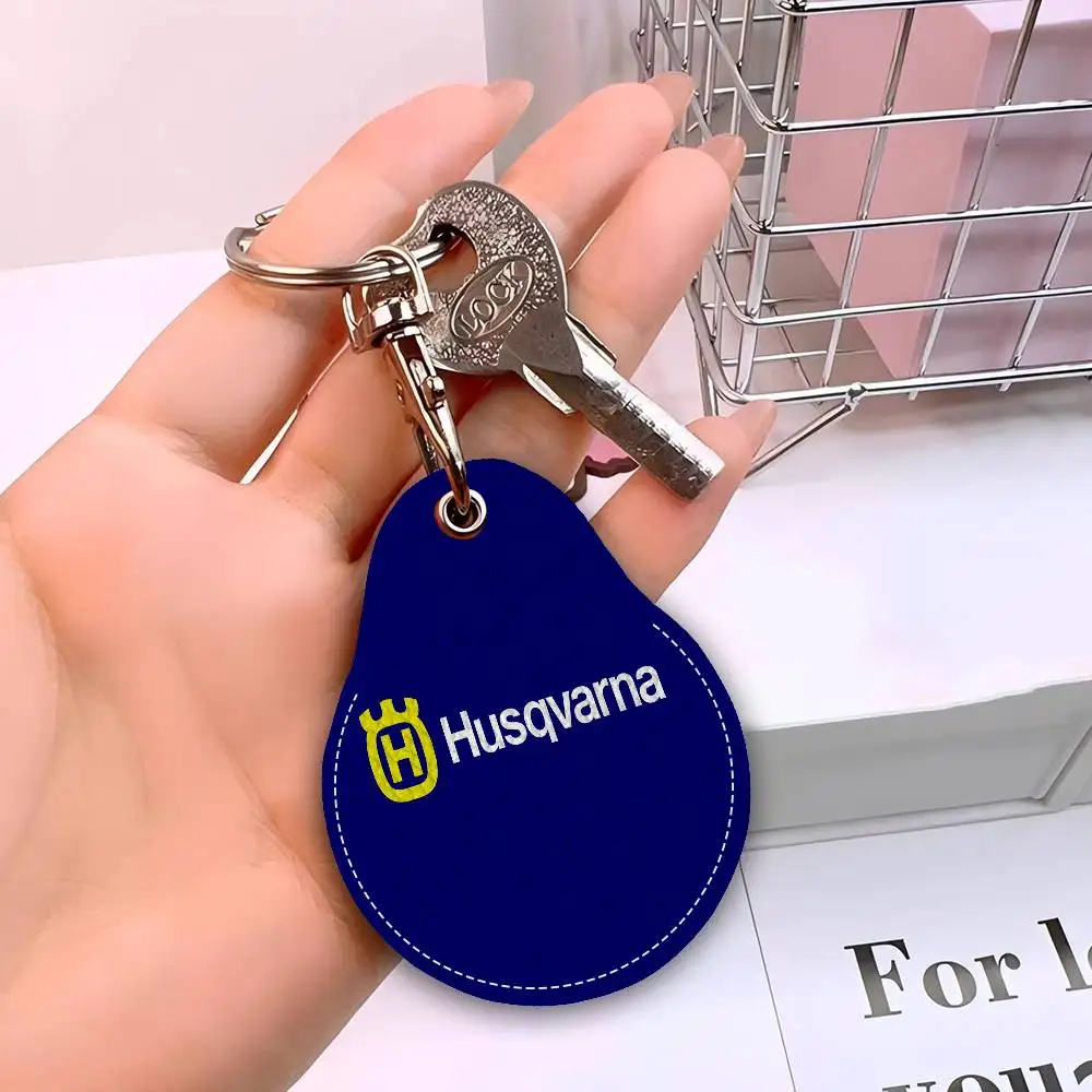 H-Husqvarnas Logo 1pcs Leather Card Holder with Key Ring Water Drop Shaped Key Case Keychain Doorlock Accessories view 4