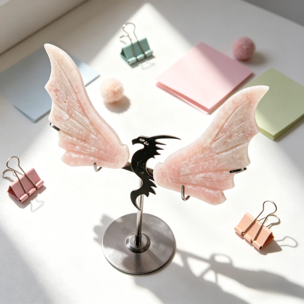 

Natural Pink Opal Dragon Wing Carvings with Base Perfect for Decorating Your Home Ideal for Dragon Enthusiasts