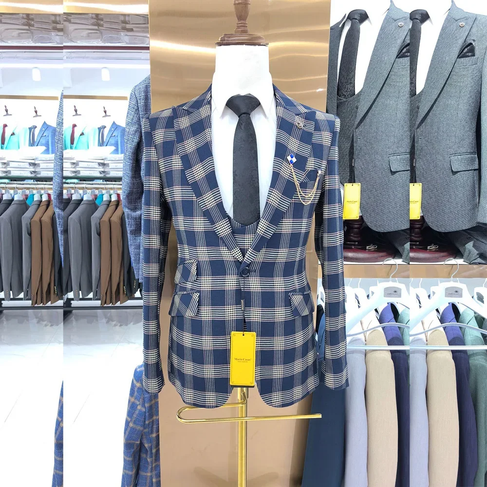 

Classic Gentlemen Male Clothing Plaid Regular Length One Button Blazer 2024 Wedding Luxury Men Suits 3 Piece Jacket Pants Vest