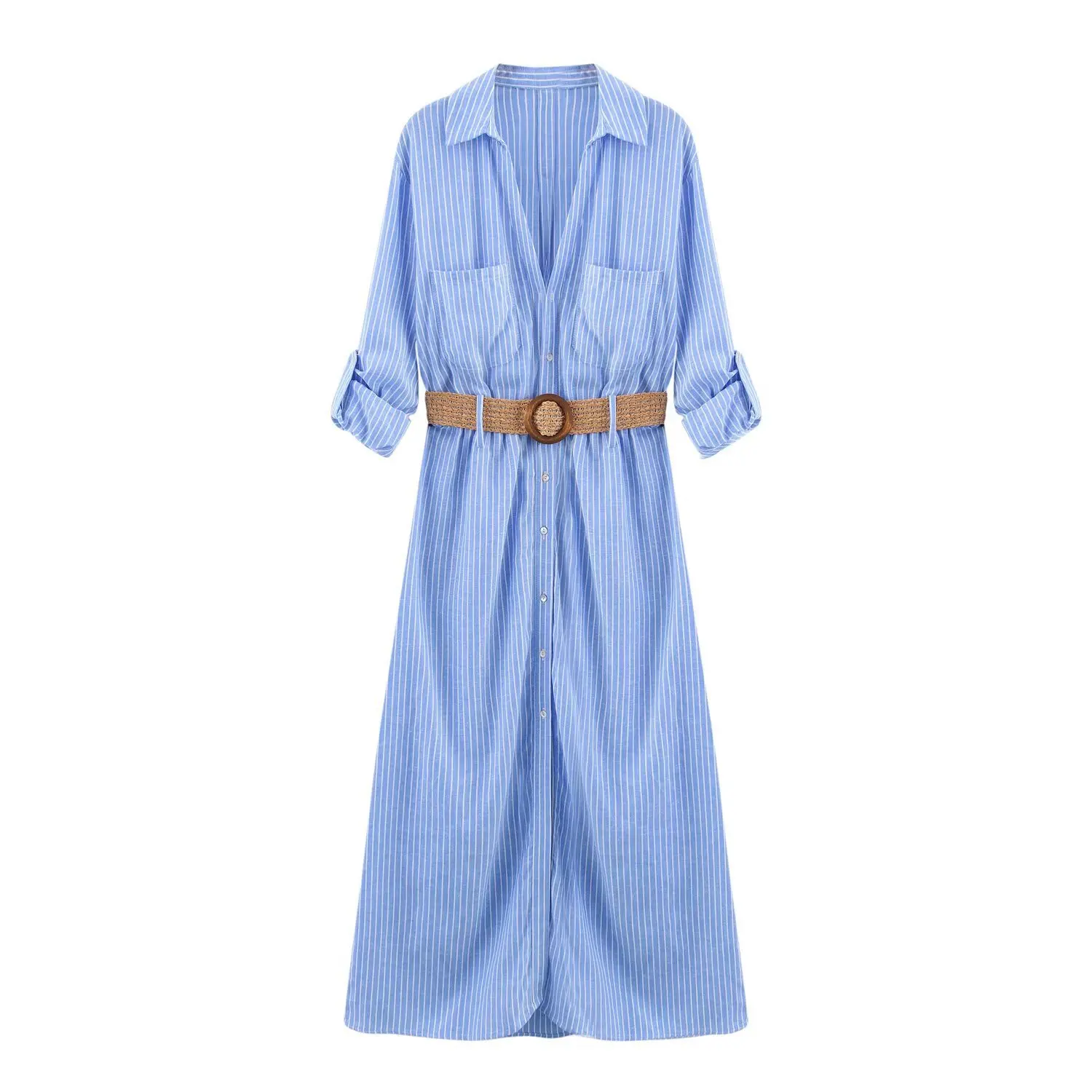 الخامس الرقبة التلبيب واحدة الصدر ميدي كم فساتين حزام أنثى موضة ميدي فستان أنيق مخطط قميص فستان طويل للمرأة #4