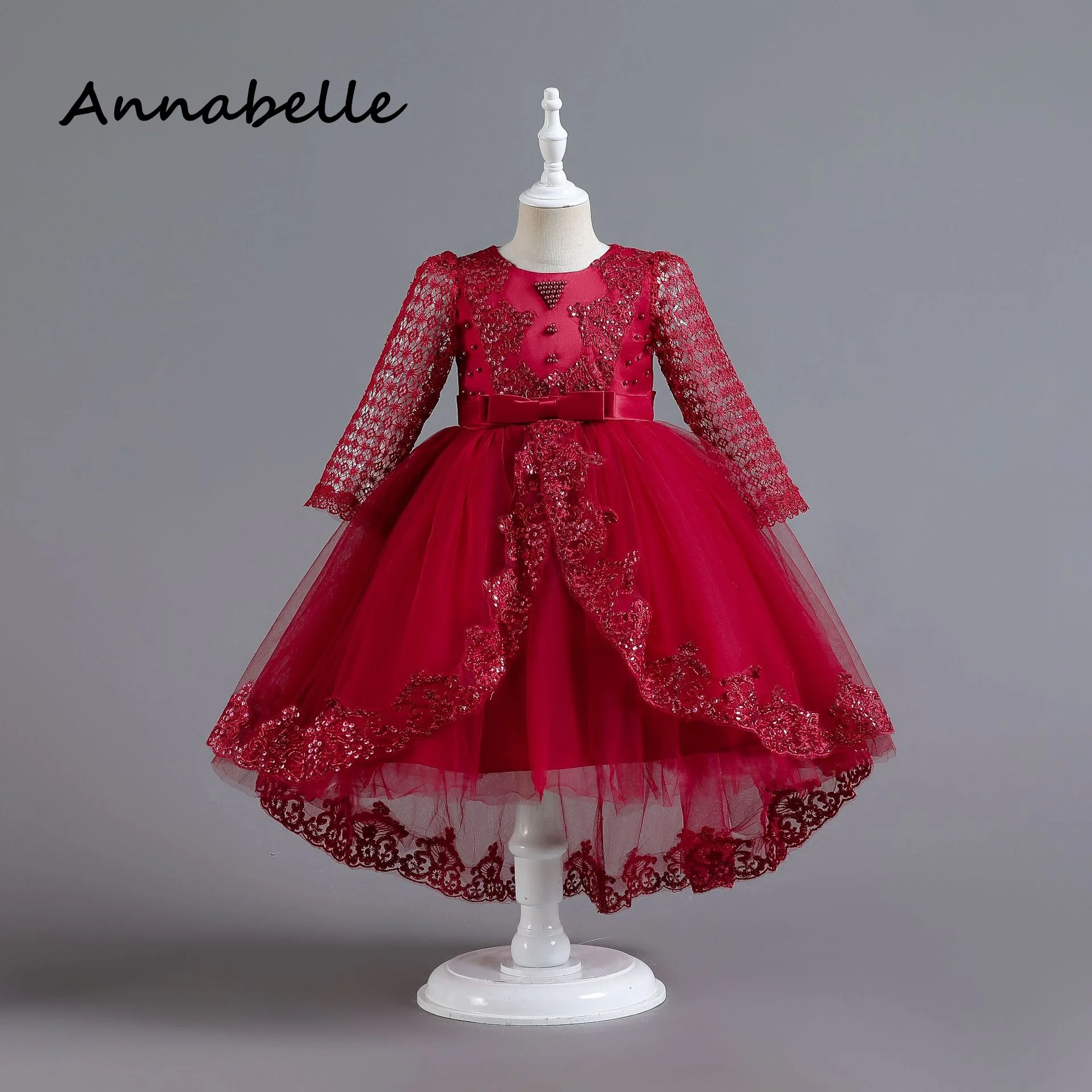 Annabelle-vestido de princesa de flores para niña, vestidos de manga larga hinchados para Ceremonia de cumpleaños, fiesta de boda, dama de honor con lazo