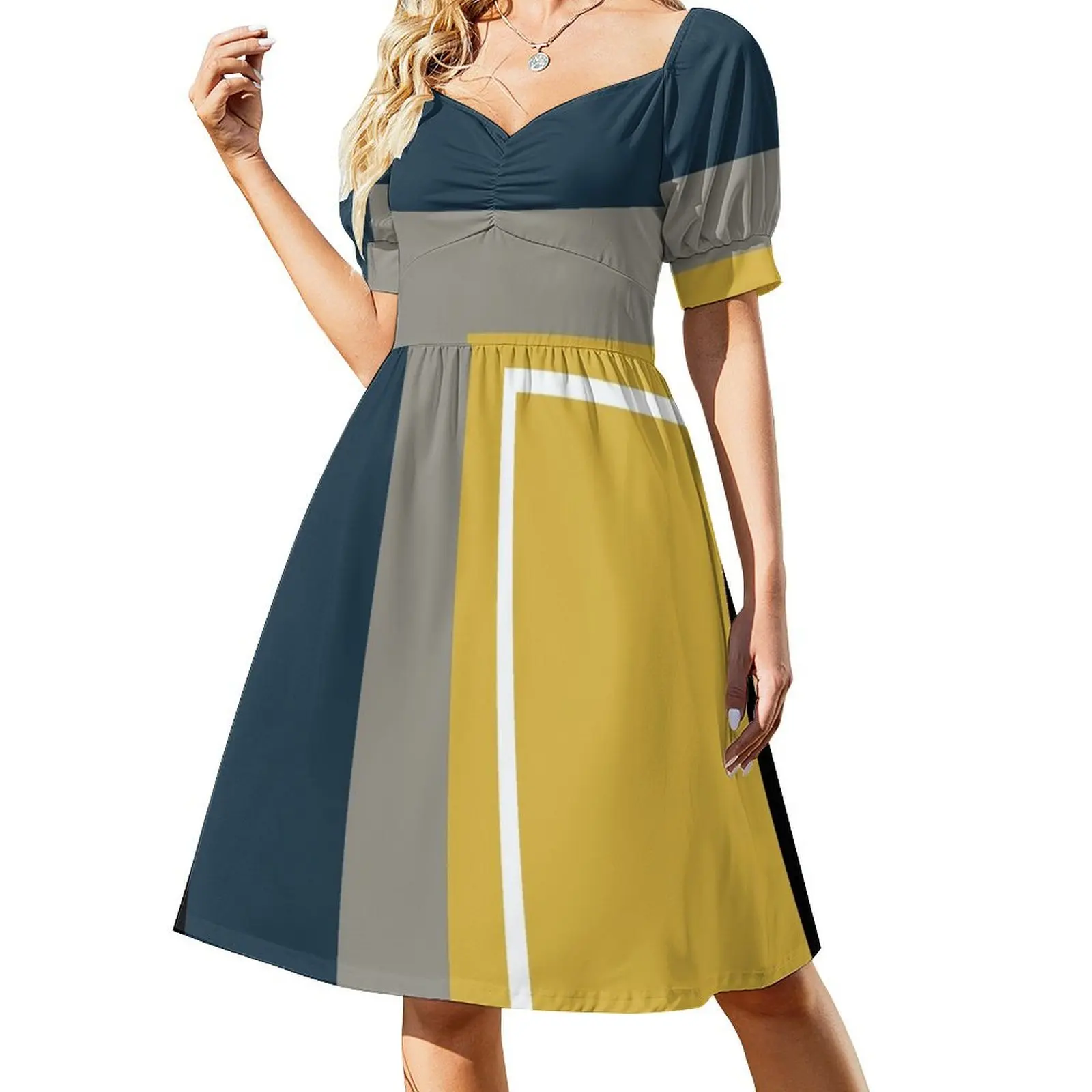 

Half Frame Minimalist Geometric Pattern 3 in Mustard Yellow, Navy Blue, White, and Grey Short-Sleeved Dress dress dresses
