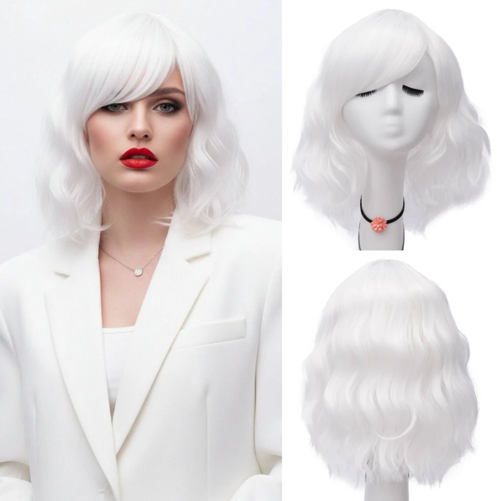 

Daily Party White Short Fluffy Waves Synthetic Wig With Bang Heat Resistant Women's Anime Game Cosplay