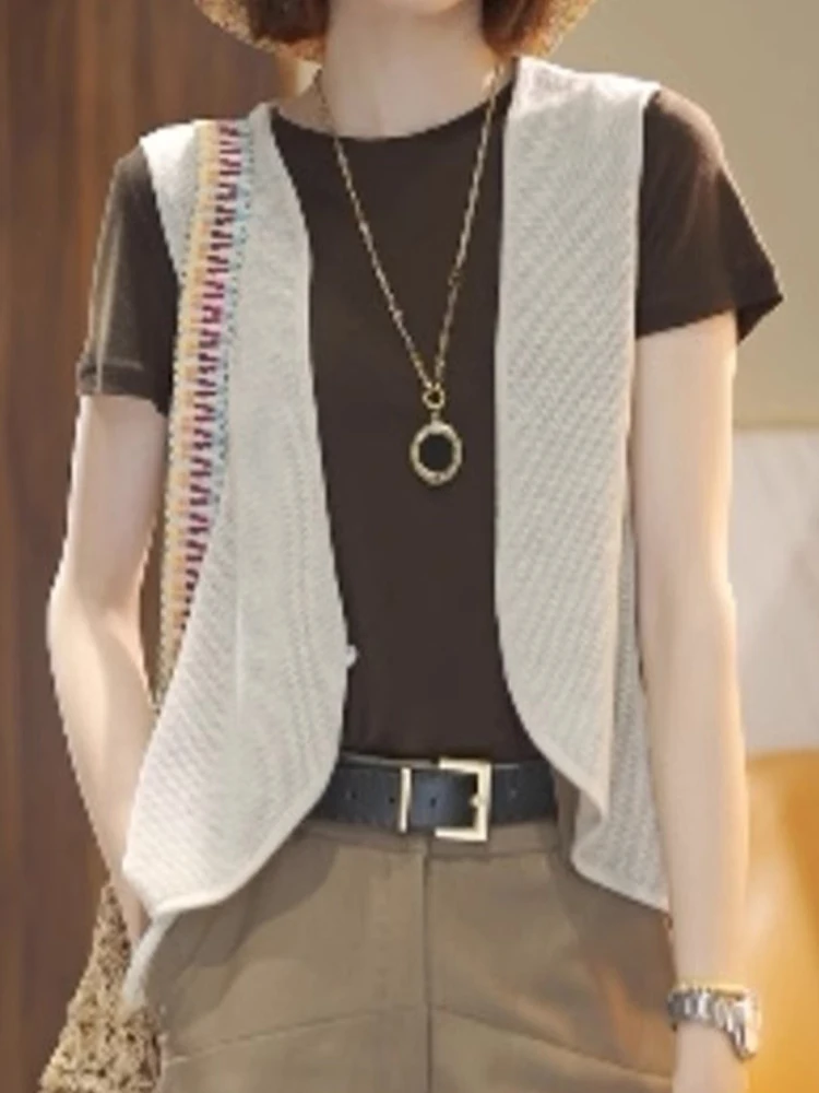 เสื้อกั๊กถักคอวีลำลอง สีพื้นเรียบง่าย สไตล์เกาหลี ทรงตรง ดีไซน์หรูหรา ใส่สบายช่วงฤดูร้อน ช่วยพรางหุ่นให้ดูเพรียว