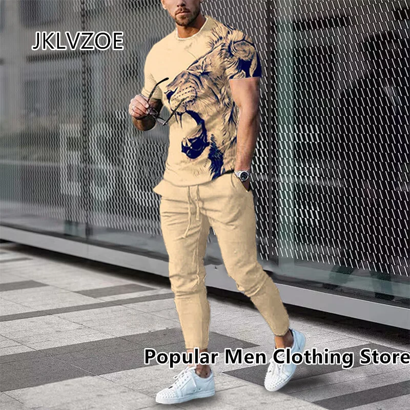 Herren hose Trainings anzug 2 Stück Set Tier muster Löwe 3D-Druck Jogger Sportswear Kurzarm T-Shirt lange Hosen männliche Kleidung