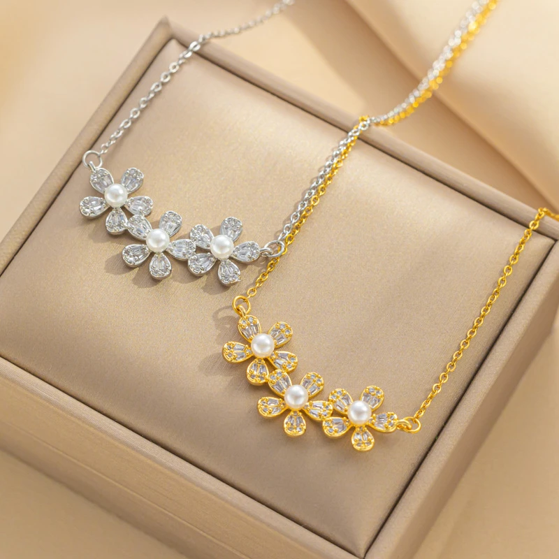 316L Stainless Steel New Fashion Fine Jewelry Japanese Style Zircon Pearl Flower Charm Chain Choker Necklaces Pendants For Women