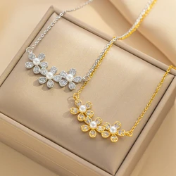 316L Stainless Steel New Fashion Fine Jewelry Japanese Style Zircon Pearl Flower Charm Chain Choker Necklaces Pendants For Women
