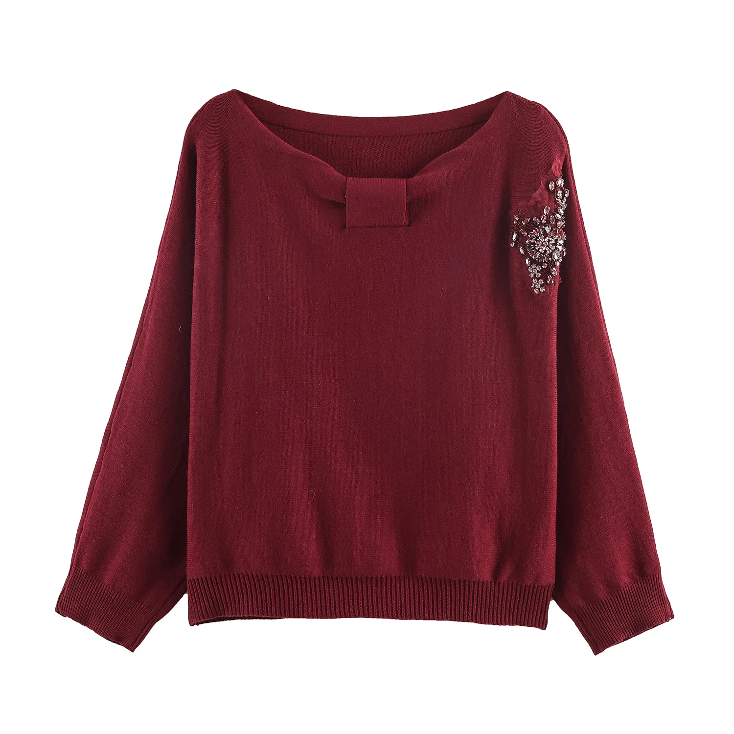 

Women Spring Fashion Tops Solid O-Neck Long Sleeves Rhinestone Asymmetrical Decorative Pullovers Female Casual Loose Sweater